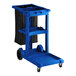 A Lavex blue janitor cart with a black bag.