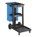 A black Lavex janitor cart with blue vinyl bag on shelves and wheels.