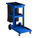 A Lavex blue janitor cart with a black vinyl bag.