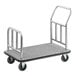 A Lancaster Table & Seating stainless steel luggage cart with metal handles.