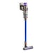A Dyson V11 cordless vacuum cleaner with a blue and purple handle.