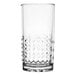 A close-up of a Libbey clear glass with a diamond pattern.