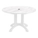 A Grosfillex white resin table with a circular top and white legs.