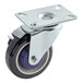 A Cooking Performance Group CH Series caster with a black and blue wheel and a metal plate with a black rubber tire.