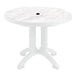 A Grosfillex Aquaba white resin table with white legs and a round top.