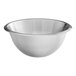 A close-up of a silver Matfer Bourgeat stainless steel mixing bowl with a rim.
