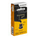 A yellow and black box of Lavazza Espresso Maestro Lungo single serve coffee capsules with a black and white label.