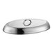 A stainless steel oval Chafer cover with a silver accent handle.