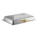 A silver rectangular Acopa Supreme chafer cover with gold accents and a handle.
