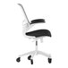 A black office chair with white arms and frame.