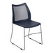 A Flash Furniture navy plastic banquet chair with a gray metal sled base and mesh back.