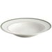 A white bowl with wide rims and a green stripe on the edge.