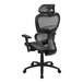 A black office chair with mesh back and armrests.