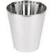 A polished stainless steel wastebasket.