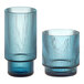 A pair of blue Acopa Lore rocks and highball glasses with a stripe pattern.