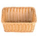 A honey-colored plastic cascading basket with a handle on a white background.