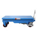 A blue Eoslift manual mobile scissor lift table with wheels.