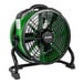 A green and black XPOWER professional axial fan on a stand.