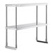 A silver metal Avantco stainless steel double deck overshelf with two shelves.