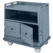 A slate blue Cambro meal delivery cart with a door open.