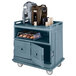 A slate blue Cambro beverage service cart with a door open.