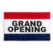 A red, white, and blue Valley Forge flag with black text reading "Grand Opening" on a white background.