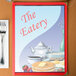 Menu cover with a breakfast table setting design including a plate, fork, and knife.