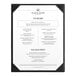 A white menu with black trim and two clear vinyl panels displaying a white menu.