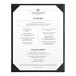 A black Acopa vinyl menu board with white background showing a restaurant menu.