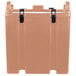 A beige plastic Cambro soup carrier with black handles.