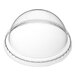 A clear plastic dome lid with no hole over a white background.