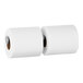A Bobrick stainless steel double toilet paper holder with two rolls of toilet paper.
