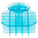 A blue plastic container with a lid holding an Ateco Mexican bread stamp with a waffle design.