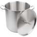 A large silver Vollrath stainless steel stock pot with a lid.