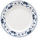 A white GET Water Lily melamine plate with blue flowers.