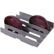 A grey plastic Cambro Camshelving® dome drying cradle with purple plates and bowls.