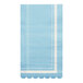 A Sophistiplate sky blue paper guest towel with a scalloped edge and white trim.