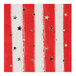 A white paper cocktail napkin with red and white striped edges and gold stars.