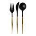 A black and gold plastic cutlery set in packaging.