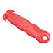 A red plastic Klever Kutter box cutter with a hole in the handle.