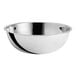 A close-up of a silver stainless steel Choice mixing bowl with a handle.