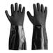 A pair of black San Jamar dishwashing gloves with jersey lining.