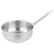 A silver Vollrath stainless steel saucier pan with a handle.