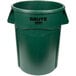 A green Rubbermaid Brute 44 gallon round plastic trash can.