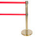 A brass Aarco crowd control stanchion with dual red belts.
