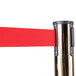 A brass Aarco crowd control stanchion with dual red retractable belts.