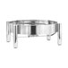 A stainless steel round chafer stand with legs and a round base.