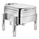 An Eastern Tabletop silver chafing dish with a lid on a chrome steel stand.