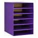 A purple cardboard literature organizer with six compartments.