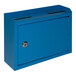 A blue steel wall mounted suggestion box with a keyhole.